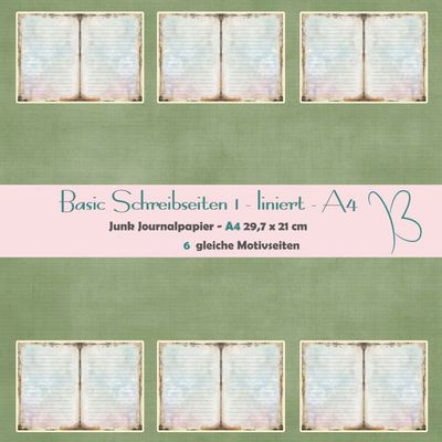 Basic Schreibseiten 1 - liniert - Junk Journal Papier - 6 gleiche Seiten - A4 oder A5