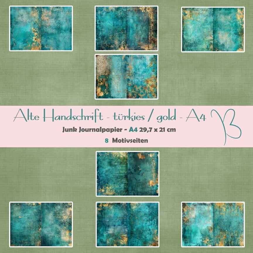 Alte Handschrift - türkies / gold - Basic - A4 - Junk Journal Papier - 8 Seiten Alte Handschrift - türkies / gold - Basic - A4 - Junk Journal Papier - 8 Seiten