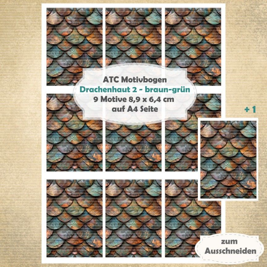 Drachenhaut 2 - braun/grün - ATC Motivbogen - A4 - 1 Seite mit 9 Motiven
