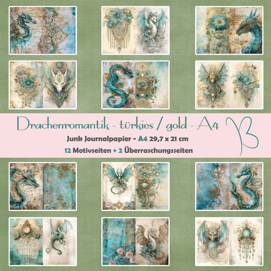Drachenromantik - türkies / gold - A4 - Junk Journal Seiten - 12 Seiten
