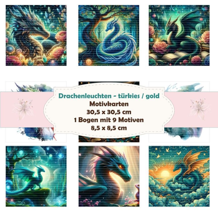 Drachenleuchten - türkies / gold - Motivkarten - 8,5 x 8,5 cm - 9 Motive - 1 Bogen