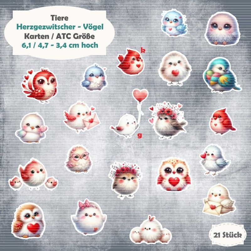 Herzgezwitscher - Vögel - Karten / ATC Größe - 21 Stanzteile - Die Cut Herzgezwitscher - Vögel - Karten / ATC Größe - 21 Stanzteile - Die Cut