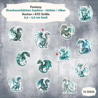 Drachenmädchen Saphira - türkies - silber - 210g - Karte / ATC Größe - 12 Teile - Die Cuts