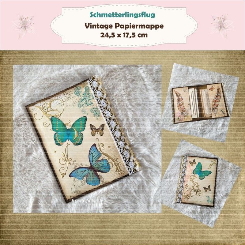 Schmetterlingsflug - türkies / gold - Vintage Papiermappe - 24,5 x 17,5 cm hoch - Einzelstück