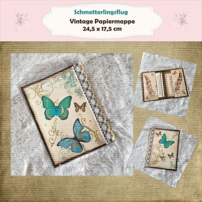 Schmetterlingsflug - türkies / gold - Vintage Papiermappe - 24,5 x 17,5 cm hoch - Einzelstück
