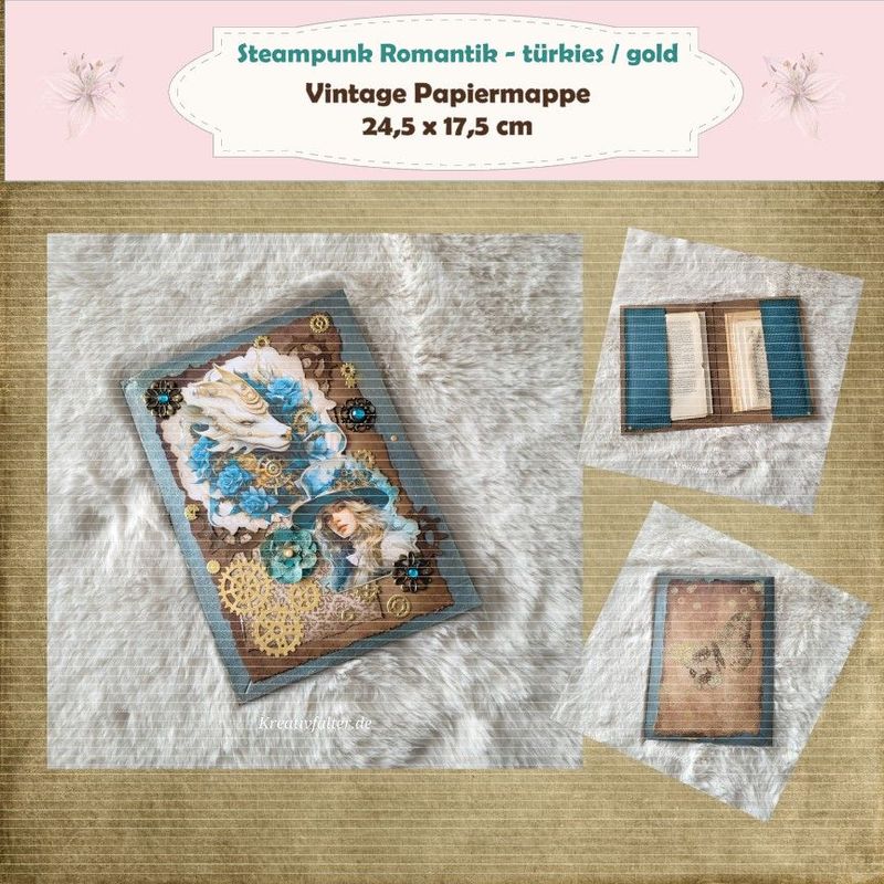 Steampunk Romantik - türkies / gold - Vintage Papiermappe - 24,5 x 17,5 cm hoch - Einzelstück