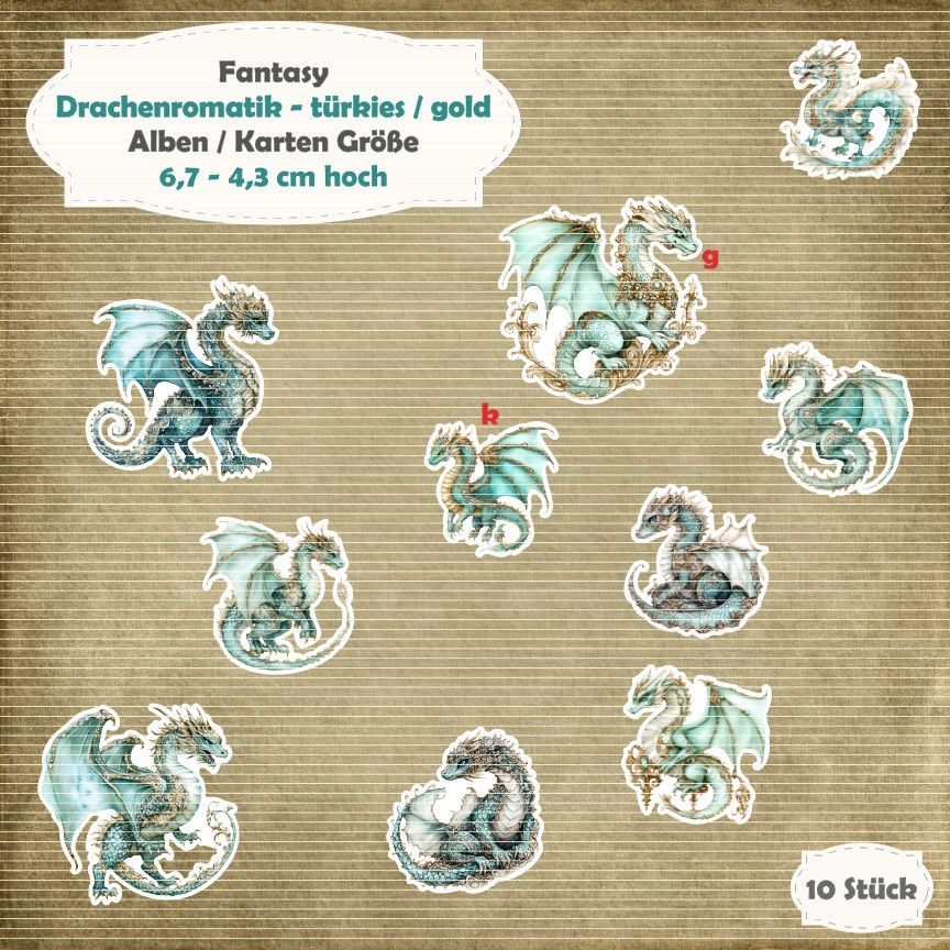 Drachenromatik - türkies - gold / Karte / ATC Größe - 10 Teile - Die Cuts