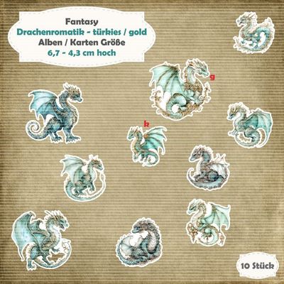 Drachenromatik - türkies - gold / Karte / ATC Größe - 10 Teile - Die Cuts