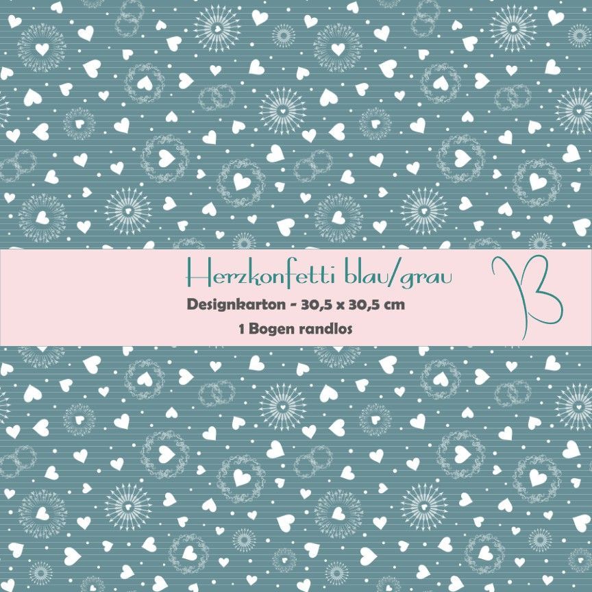 Herzkonfetti blau/grau - Designkarton - 30,5 x 30,5 cm - randlos - 1 Bogen