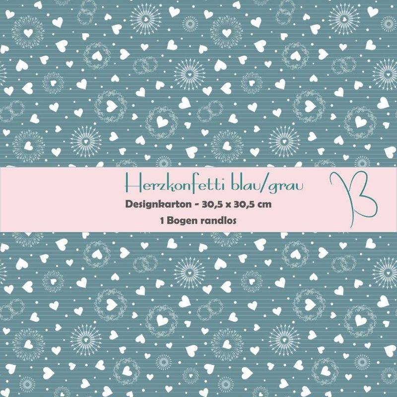 Herzkonfetti blau/grau - Designkarton - 30,5 x 30,5 cm - randlos - 1 Bogen