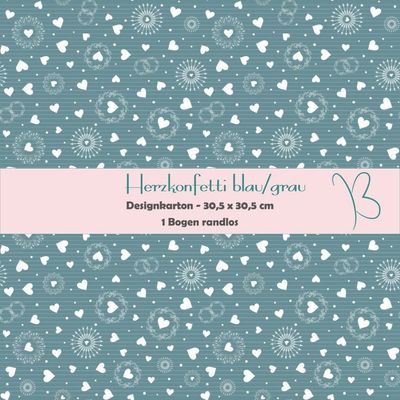 Herzkonfetti blau/grau - Designkarton - 30,5 x 30,5 cm - randlos - 1 Bogen