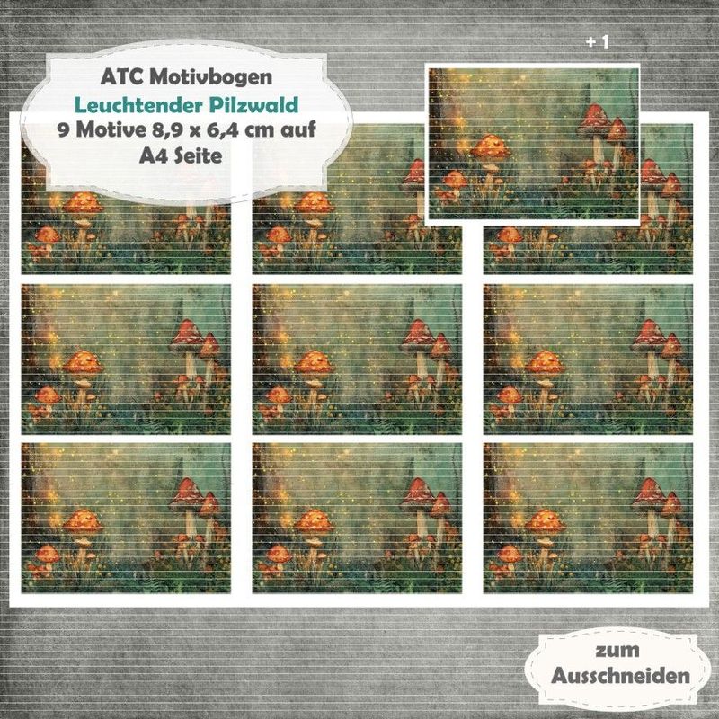 Leuchtender Pilzwald - ATC Motivbogen - A4 - 1 Seite mit 9 Motiven