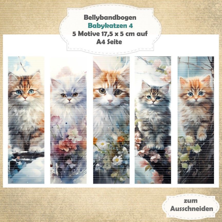 Babykatzen 4 -  Bellybandbogen - Lesezeichen - A4 - 1 Seite mit 5 Motiven