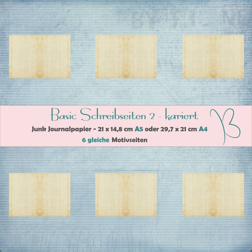 Basic Schreibseiten 2 - kariert - Junk Journal Papier - 6 gleiche Seiten - A4 oder A5