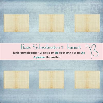 Basic Schreibseiten 2 - kariert - Junk Journal Papier - 6 gleiche Seiten - A4 oder A5
