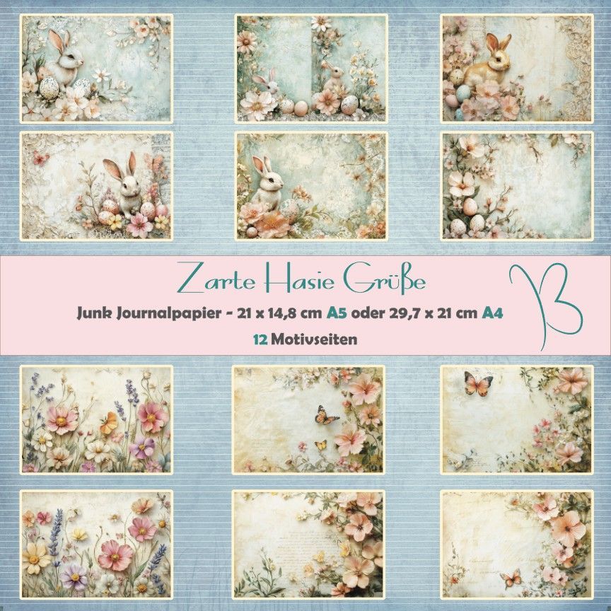 Zarte Hasie Grüße  - pastell Vintage - A4 oder A5 - Junk Journal Seiten -  12 Seiten