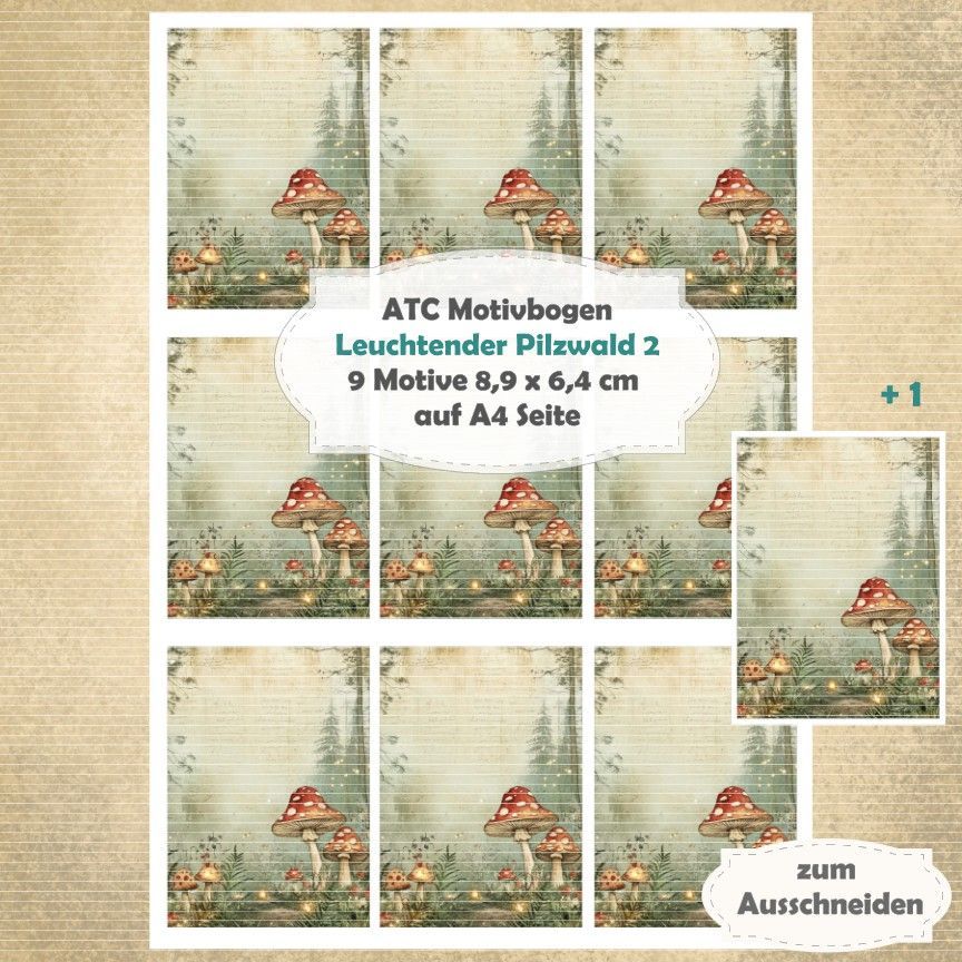 Leuchtender Pilzwald 2 - ATC Motivbogen - A4 - 1 Seite mit 9 Motiven