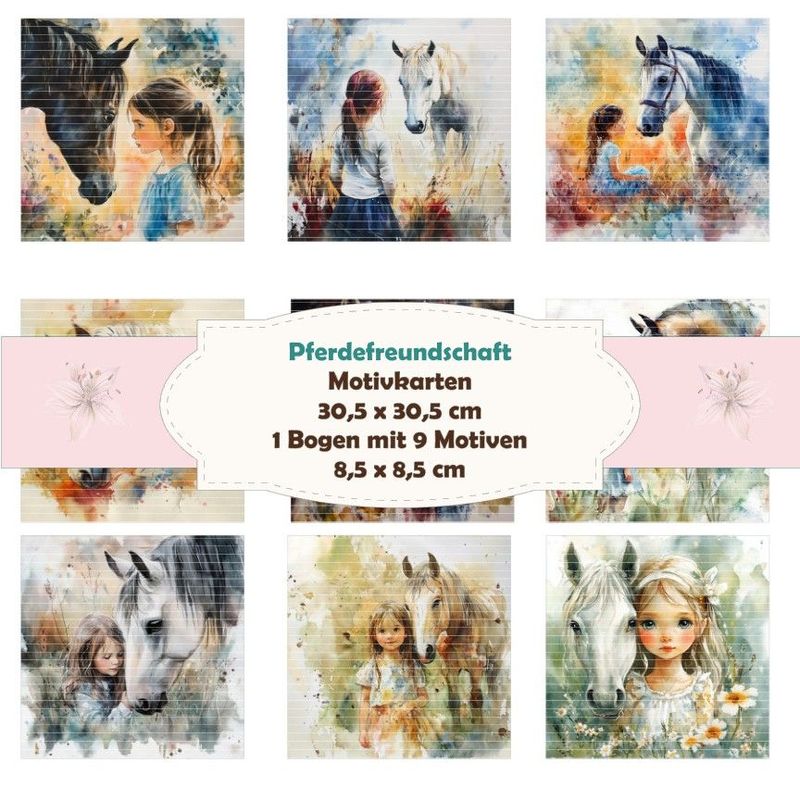 Pferdefreundschaft - Motivkarten - 8,5 x 8,5 cm - 9 Motive - 1 Bogen