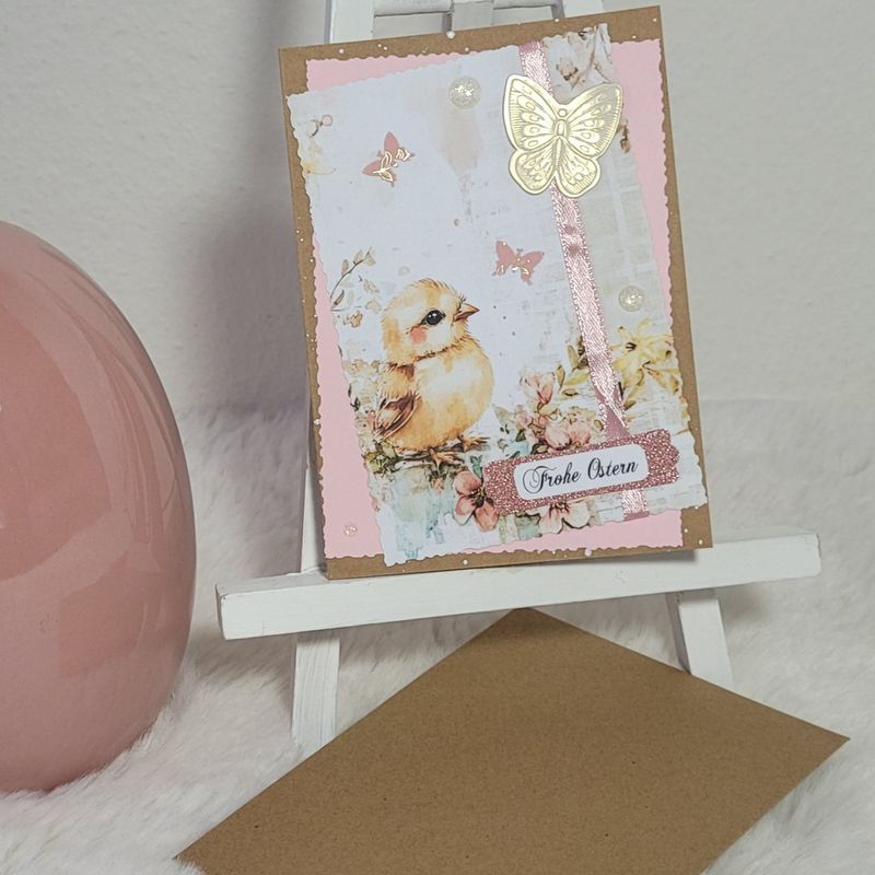Oster Grußkarte 4 - Küken mit Blüten und Schmetterlingen - A6
