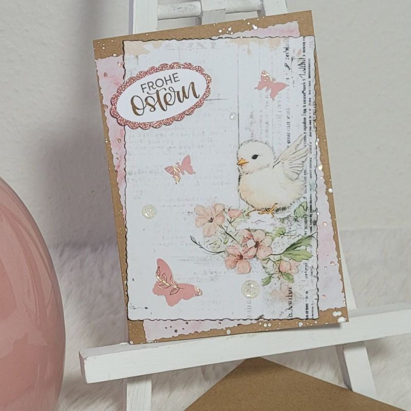 Oster Grußkarte 5 - Küken mit Blüten und Schmetterlingen - A6