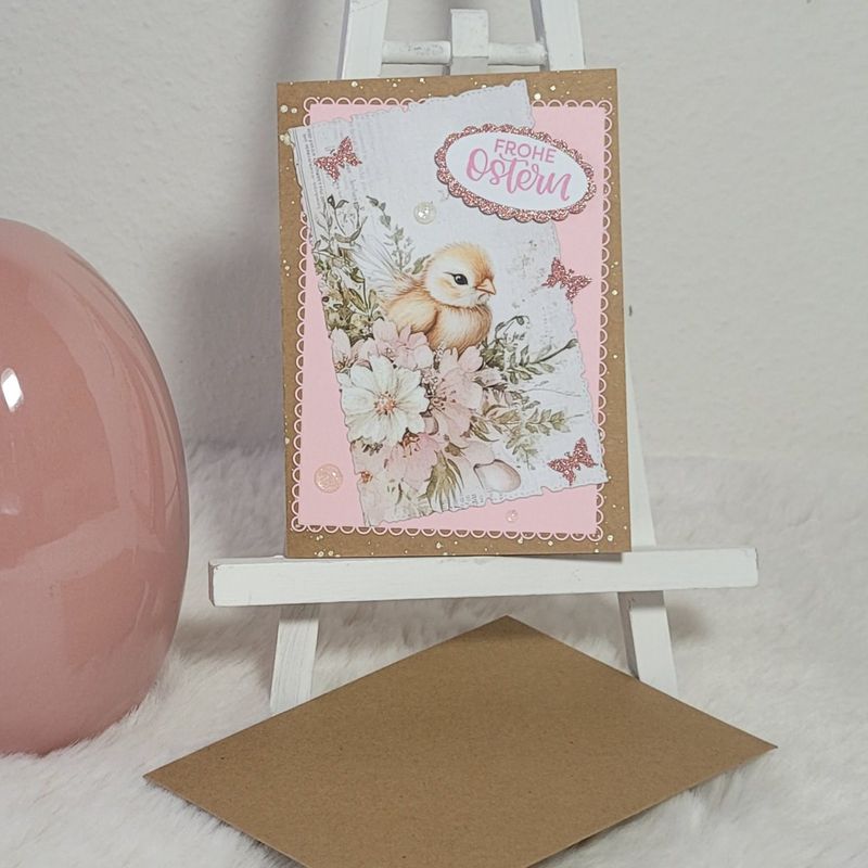 Oster Grußkarte 3 - Küken mit Blüten und Schmetterlingen - A6