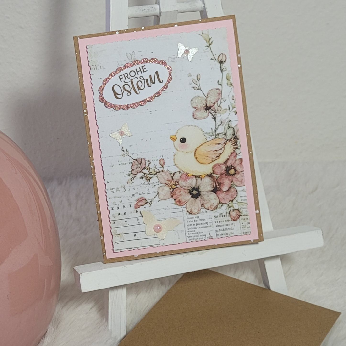 Oster Grußkarte 6 - Küken mit Blüten und Schmetterlingen - A6
