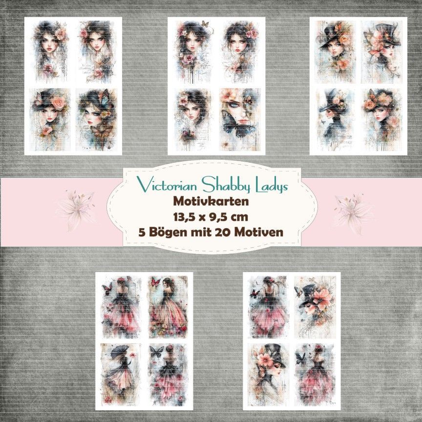 Victorian Shabby Ladys - Karten Set- 8,5 x 8,5 cm - 20 Motive - 5 Bögen