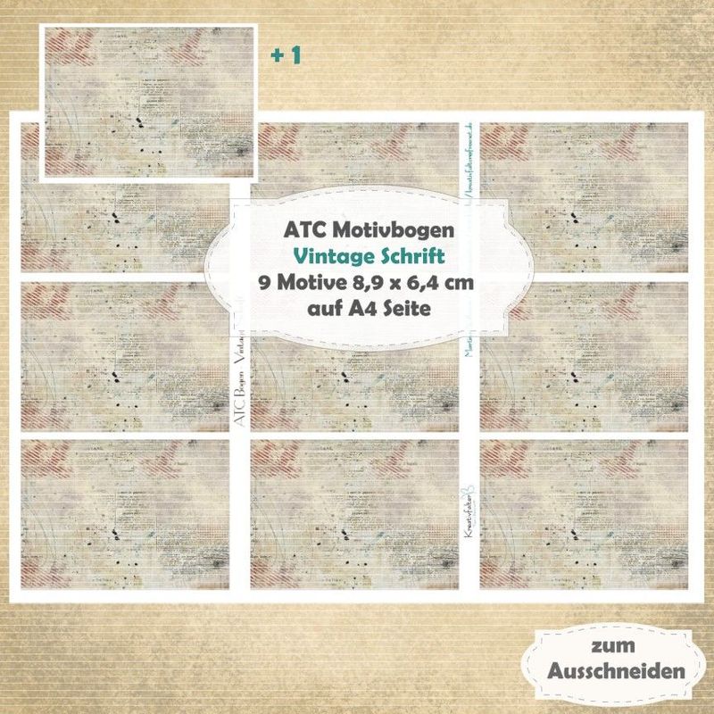 Vintage Schrift - ATC Motivbogen - A4 - 1 Seite mit 9 Motiven