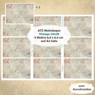 Vintage Schrift - ATC Motivbogen - A4 - 1 Seite mit 9 Motiven