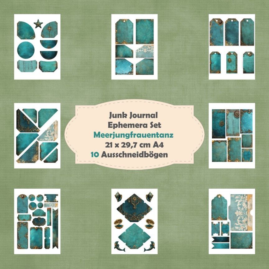 Meerjungfrauentanz - Ephemera Set - Ausschneidebögen - Junk Journal - A4 -  10 Seiten