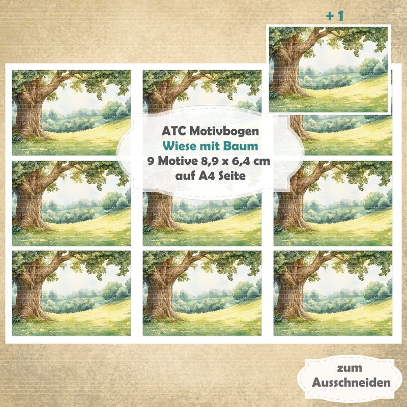 Wiese mit Baum - ATC Motivbogen - A4 - 1 Seite mit 9 Motiven