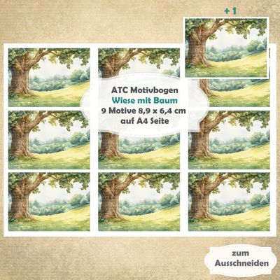 Wiese mit Baum - ATC Motivbogen - A4 - 1 Seite mit 9 Motiven*