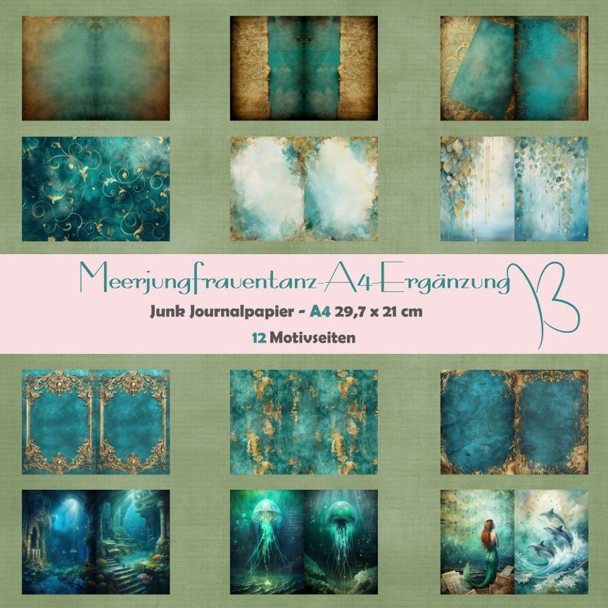 Meerjungfrauentanz - A4 - Ergänzung -  Junk Journal Seiten - 12 Seiten
