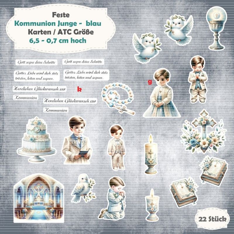 Kommunion Junge - blau - 300g - Alben / Karten / ATC Größe - 22 Stanzteile - Die Cut
