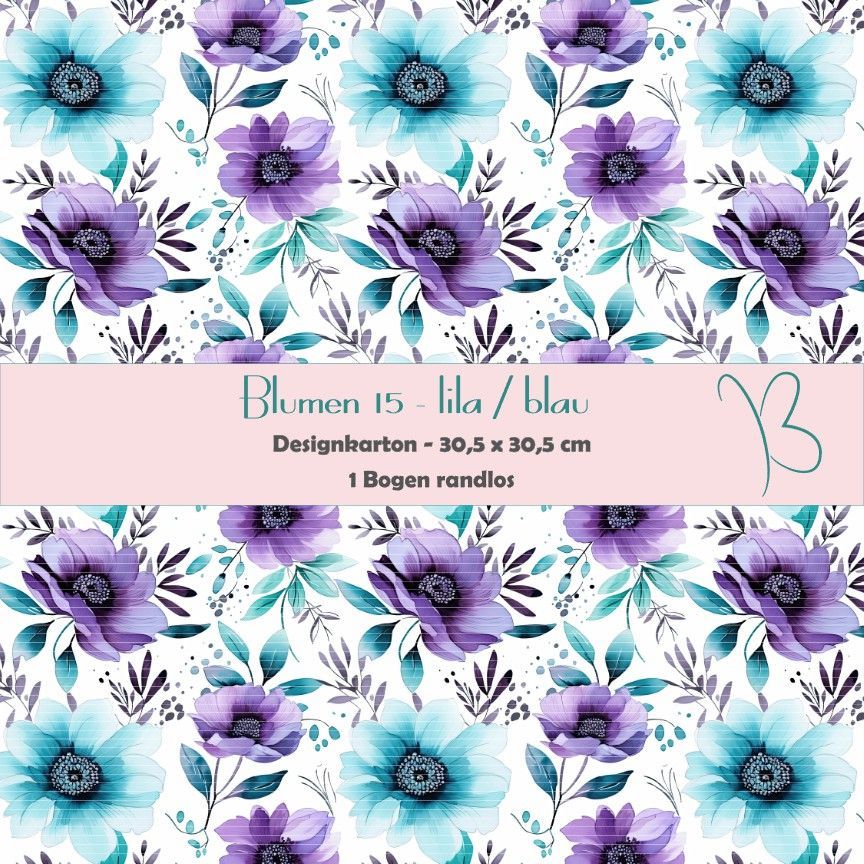 Blumen 15 - lila/blau - Designkarton - 30,5 x 30,5 cm - randlos - 1 Bogen