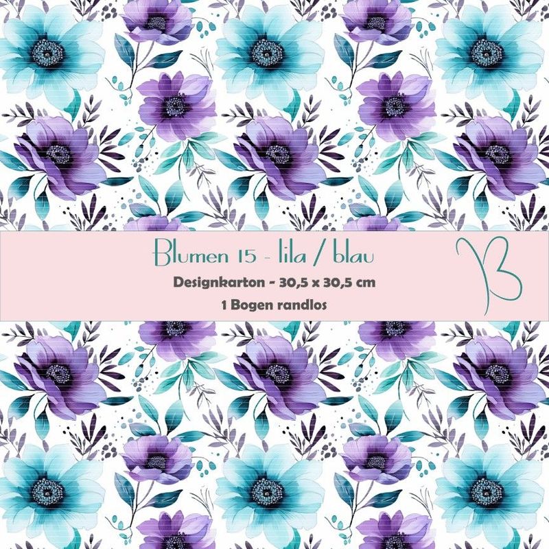 Blumen 15 - lila/blau - Designkarton - 30,5 x 30,5 cm - randlos - 1 Bogen