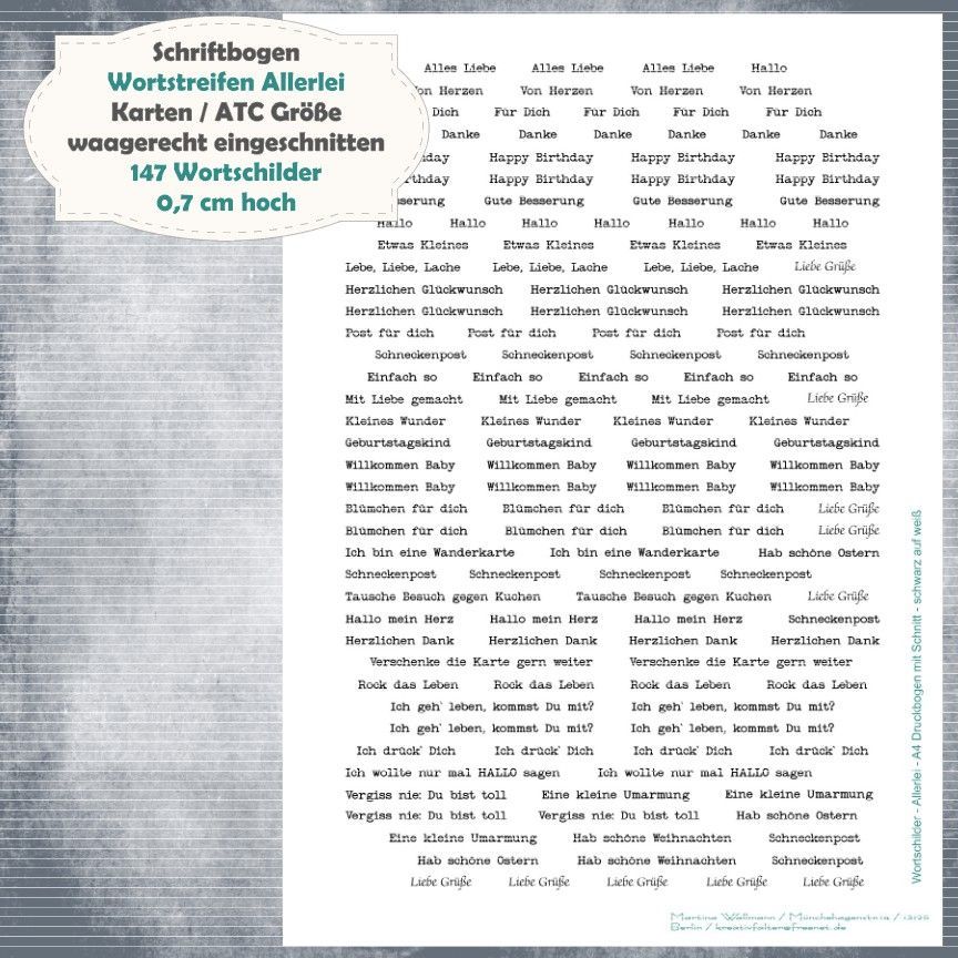 Schriftbogen Wortstreifen Allerlei - 300g - schwarz auf weiß - 147 Textschilder
