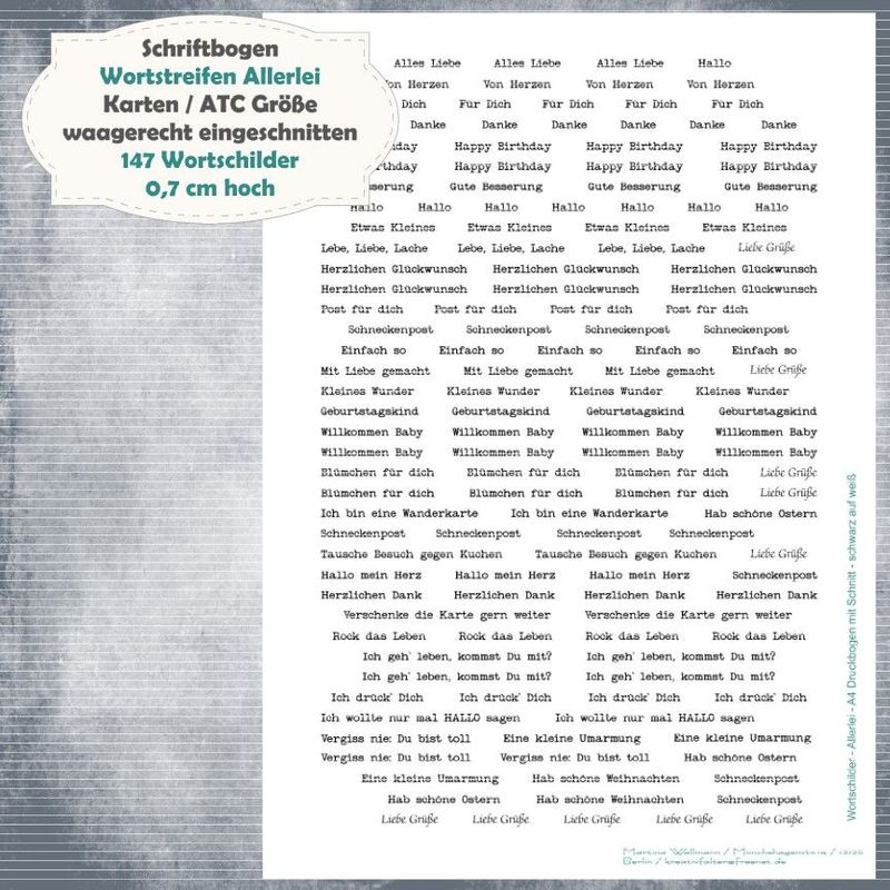 Schriftbogen Wortstreifen Allerlei - 300g - schwarz auf weiß - 147 Textschilder