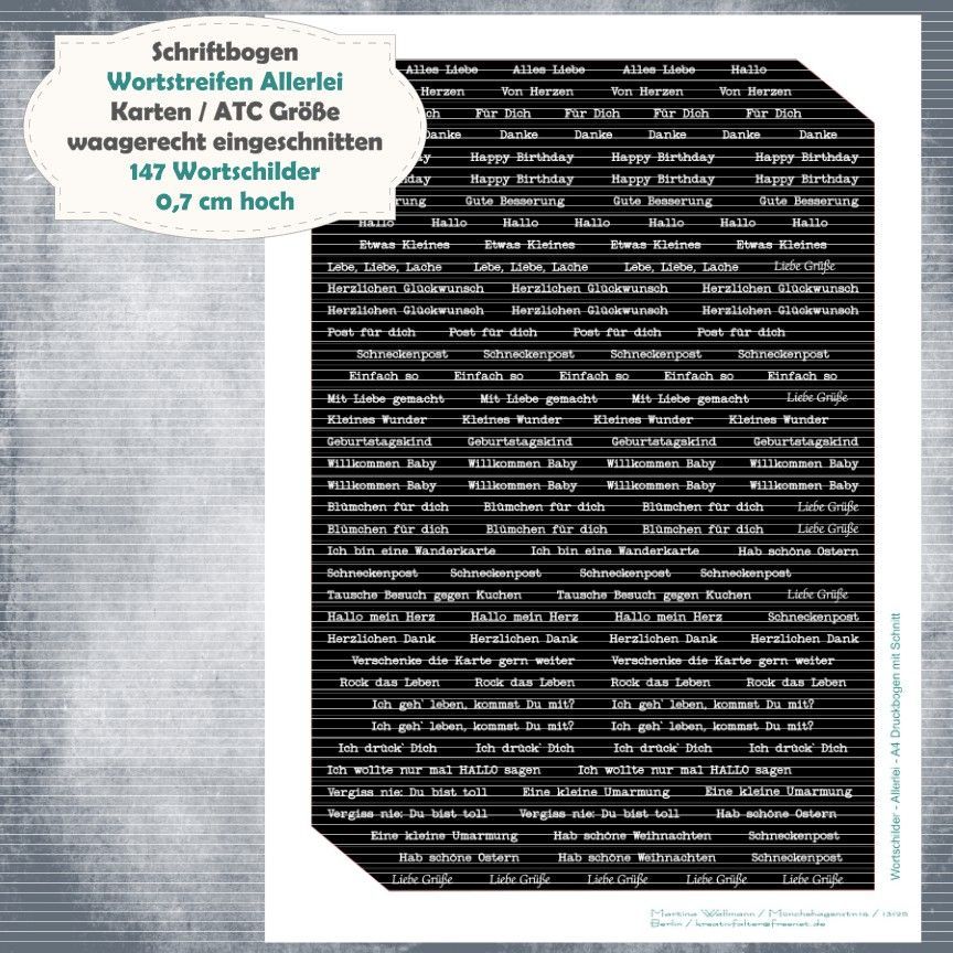 Schriftbogen Wortstreifen Allerlei - 300g - weiß auf schwarz - 147 Textschilder