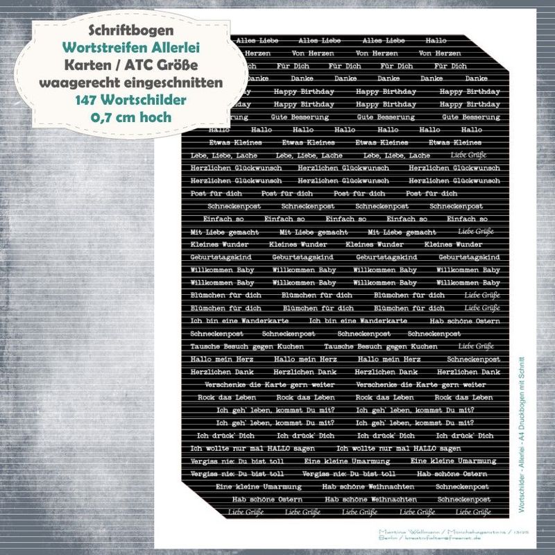 Schriftbogen Wortstreifen Allerlei - 300g - weiß auf schwarz - 147 Textschilder