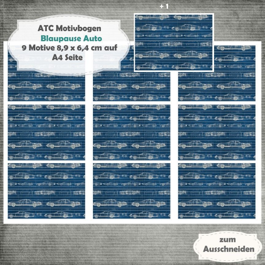 Blaupause Auto - ATC Motivbogen - A4 - 1 Seite mit 9 Motiven
