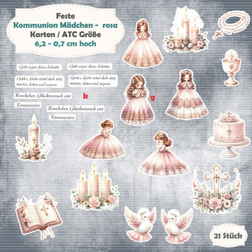Kommunion Mädchen - rosa - 300g - Alben / Karten / ATC Größe - 21 Stanzteile - Die Cut