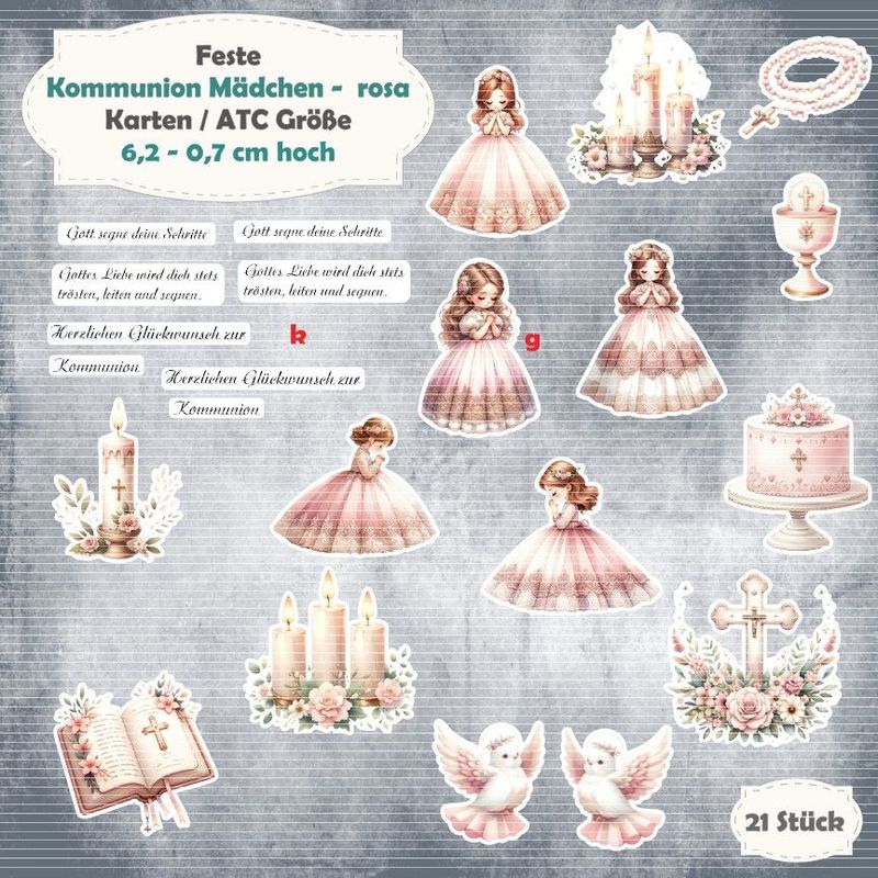 Kommunion Mädchen - rosa - 300g - Alben / Karten / ATC Größe - 21 Stanzteile - Die Cut