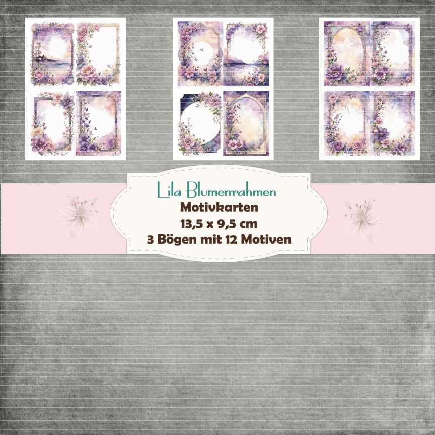 Lila Blumenrahmen - Kartenset - 160g - 9,5 x 13,5 cm - 12 Motive - 5 Bögen