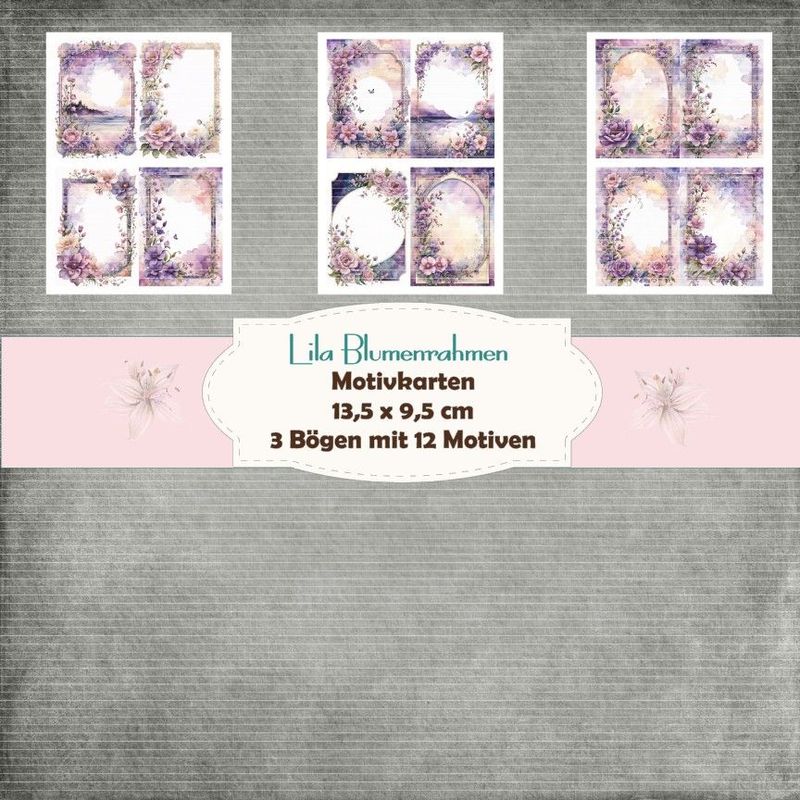 Lila Blumenrahmen - Kartenset - 160g - 9,5 x 13,5 cm - 12 Motive - 5 Bögen
