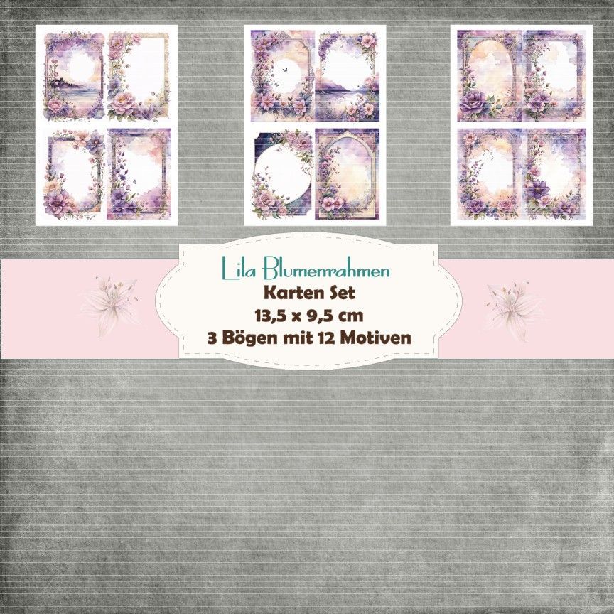 Lila Blumenrahmen - Kartenset - 160g - 9,5 x 13,5 cm - 12 Motive - 5 Bögen