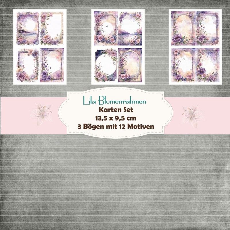 Lila Blumenrahmen - Kartenset - 160g - 9,5 x 13,5 cm - 12 Motive - 5 Bögen