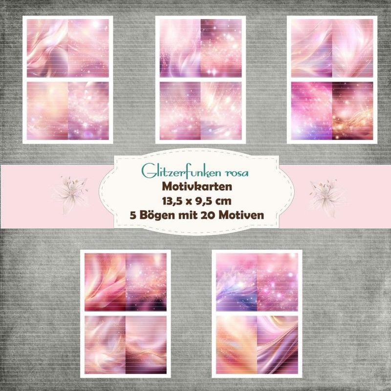 Glitzerfunken rosa - Kartenset - 160g - 9,5 x 13,5 cm - 20 Motive - 5 Bögen