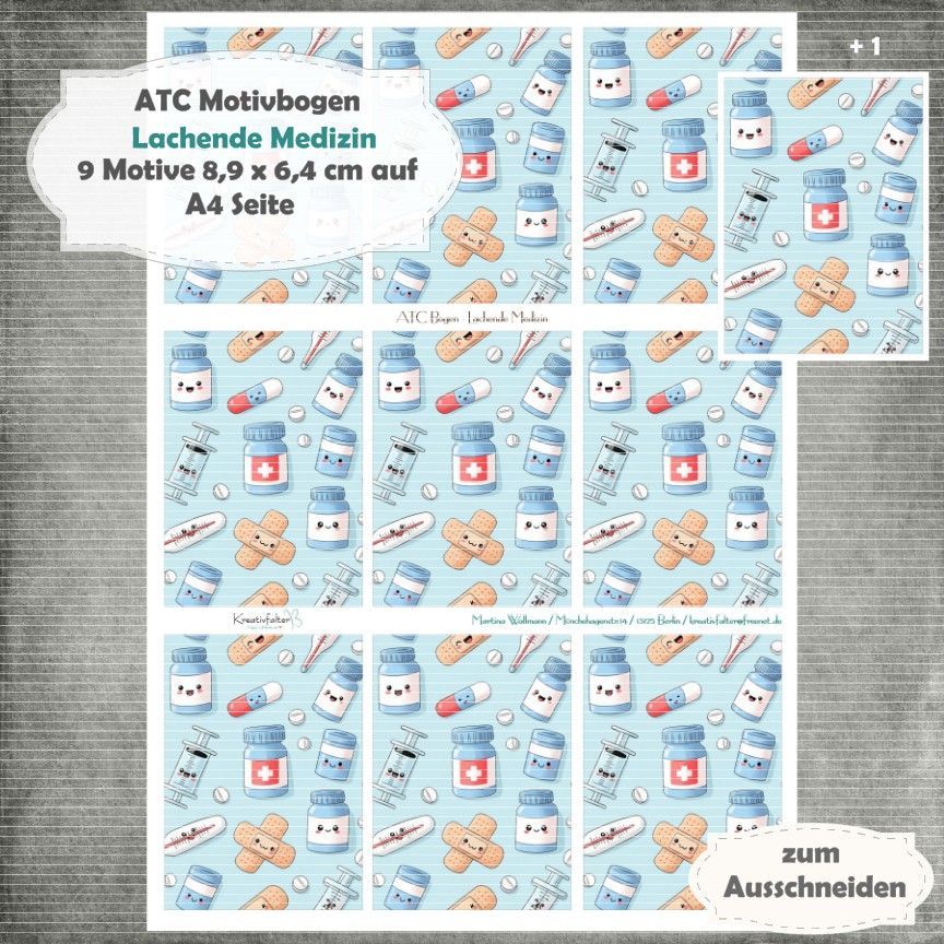 Lachende Medizin - ATC Motivbogen - A4 - 1 Seite mit 9 Motiven Lachende Medizin - ATC Motivbogen - A4 - 1 Seite mit 9 Motiven
