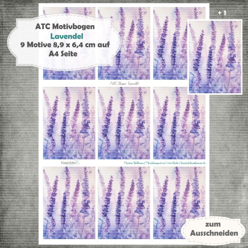 Lavendel 2 - ATC Motivbogen - A4 - 1 Seite mit 9 Motiven* Lavendel 2 - ATC Motivbogen - A4 - 1 Seite mit 9 Motiven*